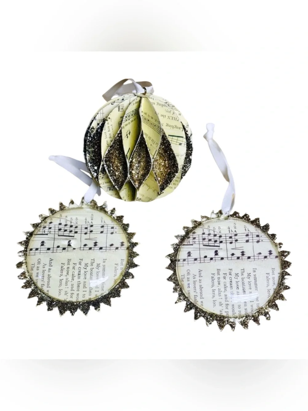 Pottery Barn 3 Pc Music Notes German Glitter Glass Domed Christmas Ornaments